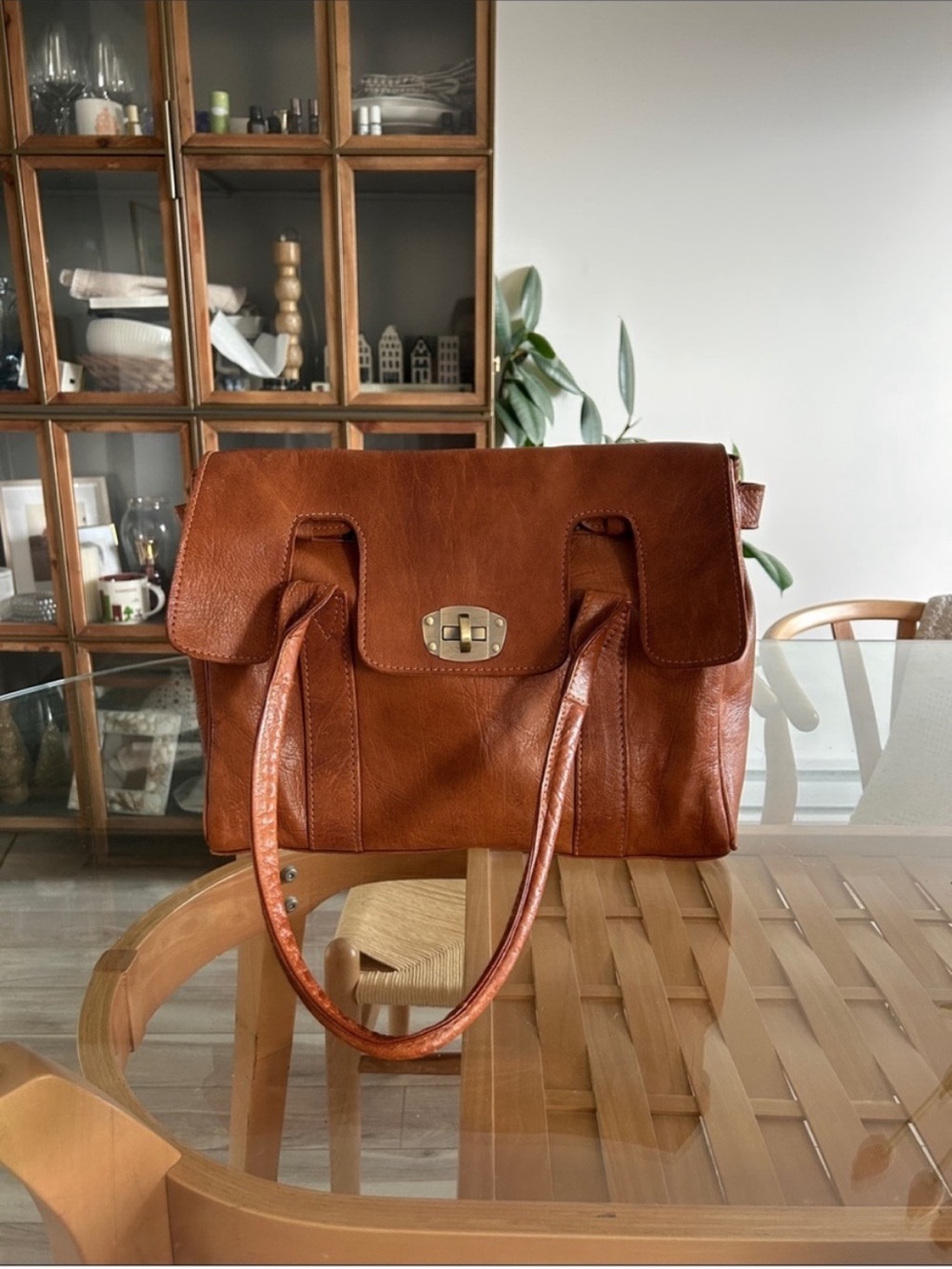 Cognac Brown Leather Satchel Handbag - Versatile Everyday Tote